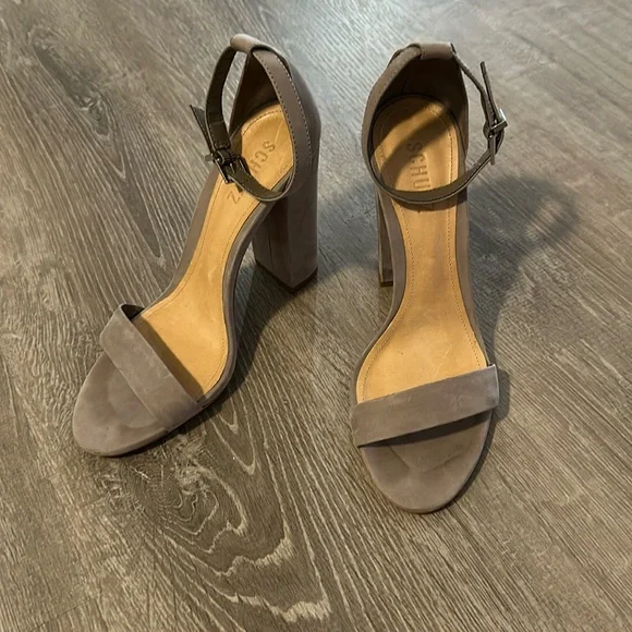 Schutz Women’s Sz 8‎ Enida Neutral Suede Ankle Strap Open Toe Chunky Block Heels - Picture 4 of 14